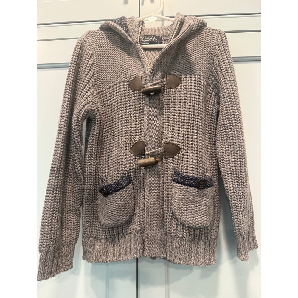 Mayoral Spain Boys Grey Chunky Knit Hooded Toggle Cardigan Sweater heritage woas